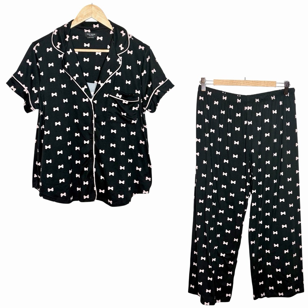 Kate Spade Pajamas Set Bow Print Womens M Cropped Knit Stretch Short Sleeve